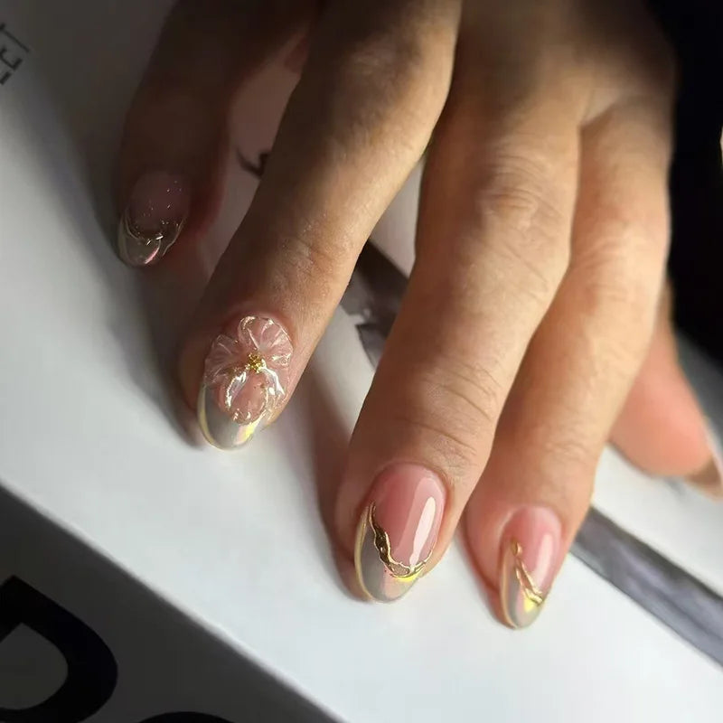 24Pcs Green French Press on Fake Nails with Almond Head Design 3D Flower Full Cover Nail Art Tips Short Round Head False Nails 1906