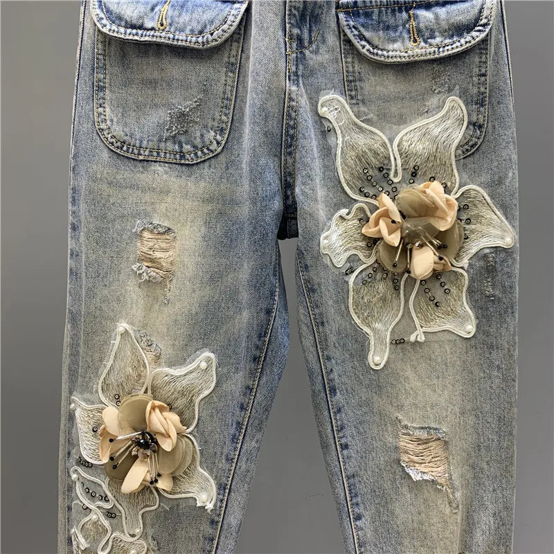 Spring 2023 New Heavy Industry Beads Three-Dimensional Flower Suspender Denim Jeans Casual Romper Skinny Jeans Jumpsuit Women