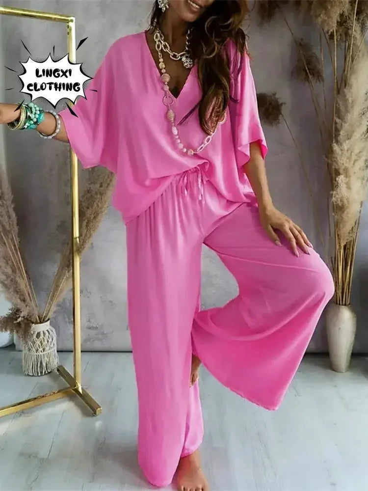 2024 Summer Fashion New Women's Elegant Loose High Waist Plus Size Set Off Back Elastic Waist Retro Women's Two Piece Set