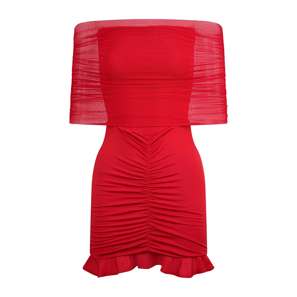 Charming Red Off-Shoulder Dress with Ruched Details for Elegant Dinner Party Evening Gown Red