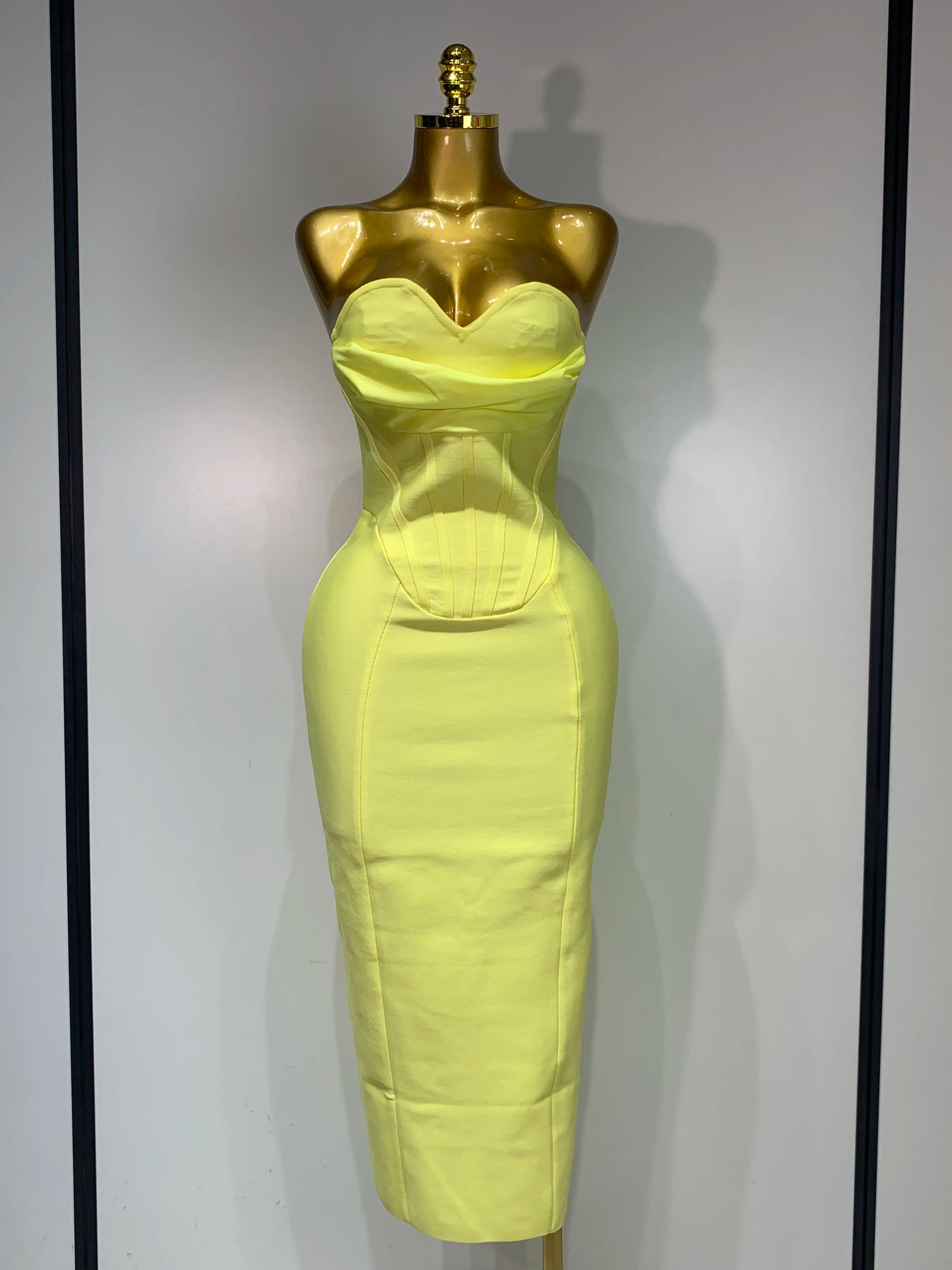 Newest 2025 Women Strapless Sexy Yellow Stretch Bodycon Bandage Dress Elegant Evening Party Luxury Birthday Celebrity Prom Gown Yellow