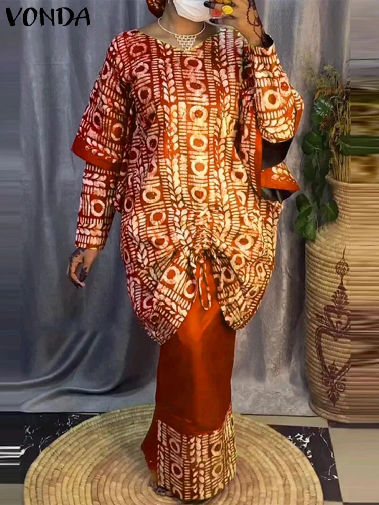Plus Size 5XL VONDA Women Sets 2024 Bohemian Printed Outfits Elegant Long Sleeve Top+Half Skirt Two-Piece Sets Casual Loose Suit Orange