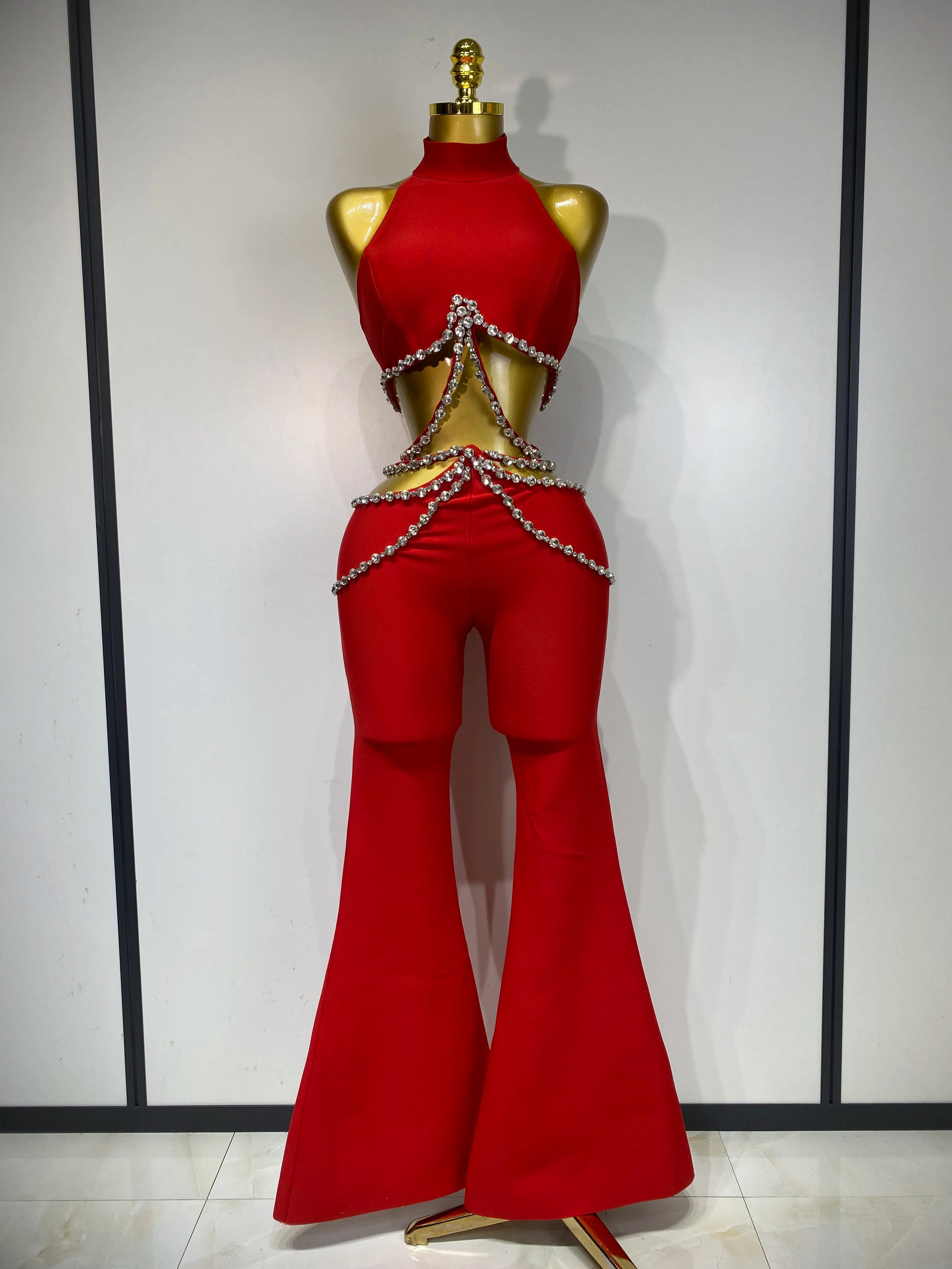 Women Luxury Rhinestone Red Sexy Cut Out Two Piece Pants Bandage Set 2025 Celebrity Designer Fashion Women's Set Stage Outfit Rose Red
