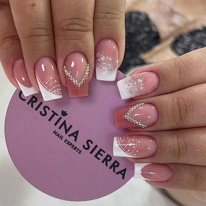 24Pcs Mid-length French False Nail with Diamond Gradient Square Press on Nails Flower Design Fake Nail Wearable Manicure Tools 536