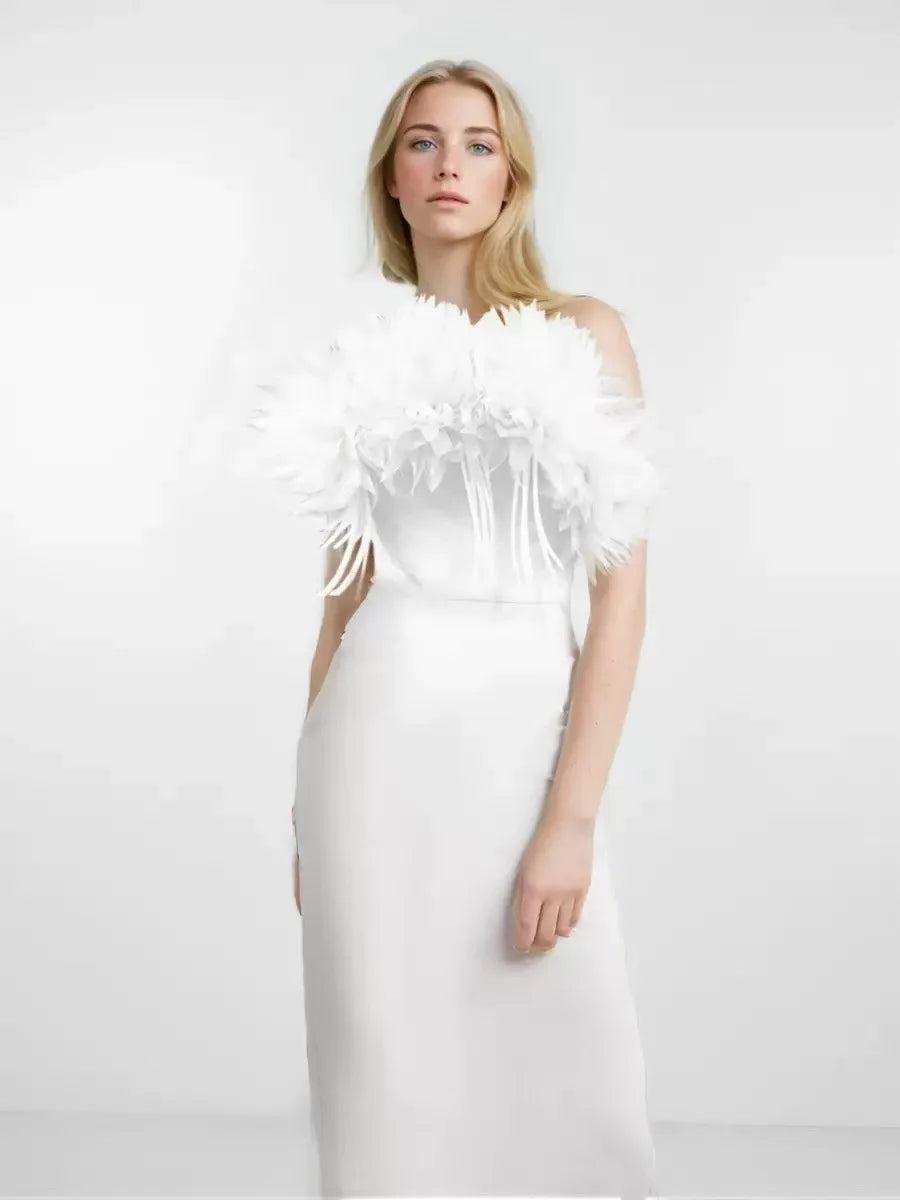 Hot Sale Women Sexy Strapless Feathers Bodycon Long Bandage Dress Fashion Celebrate Evening Party Birthday Outfit Wholesale WHITE