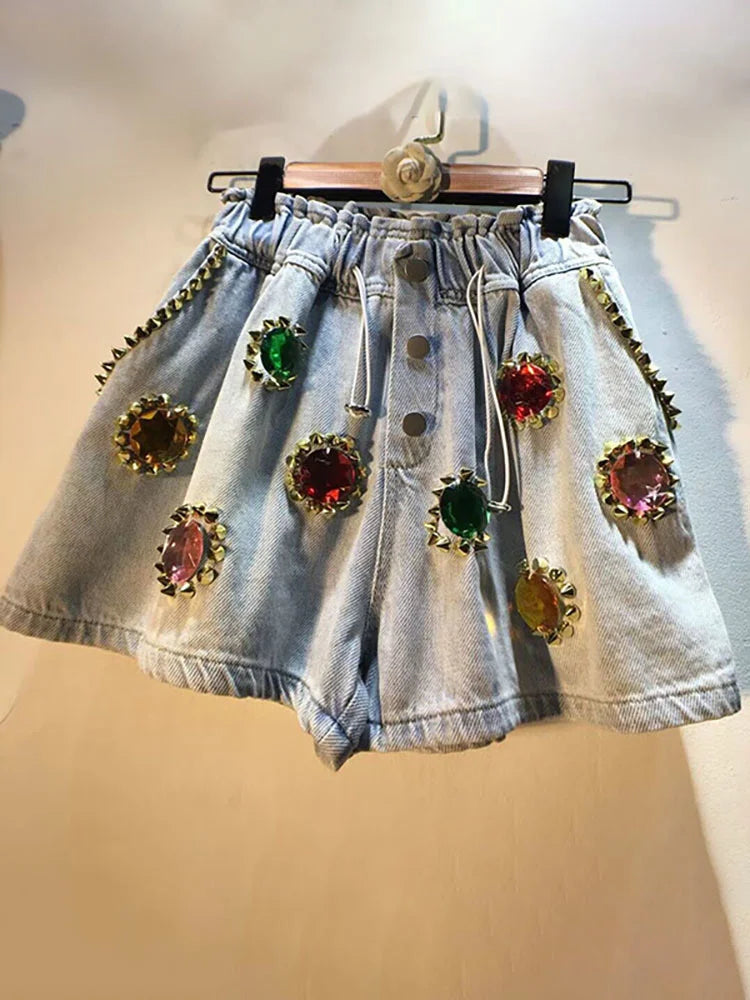 DEAT Women's Denim Shorts Rivet Big Diamonds Drawstring Elastic Waist Loose Wide Leg Short Jeans Summer New Fashion 29L1056 light Blue