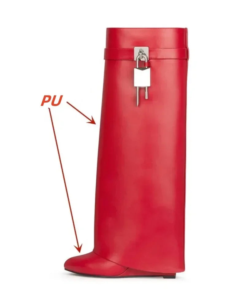 European and American Metal Lock Fasteners for High Tube Skirts, Boot Slopes, Leg Sleeves, Knee Length Boots, Platform Boots red PU