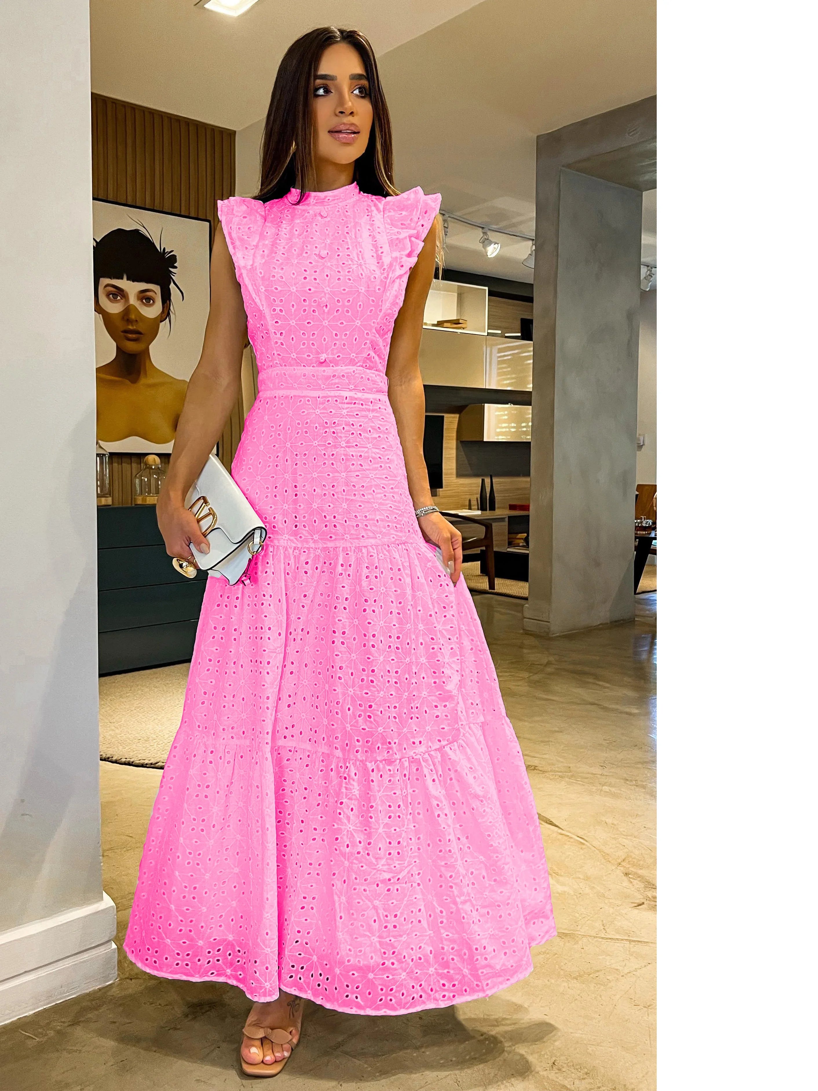 Bohemian Solid Hollow Out Elegant Women Dress O Neck Flying Sleeve Button Long Dress Summer Chic Casual Beach Women Clothing Sky blue