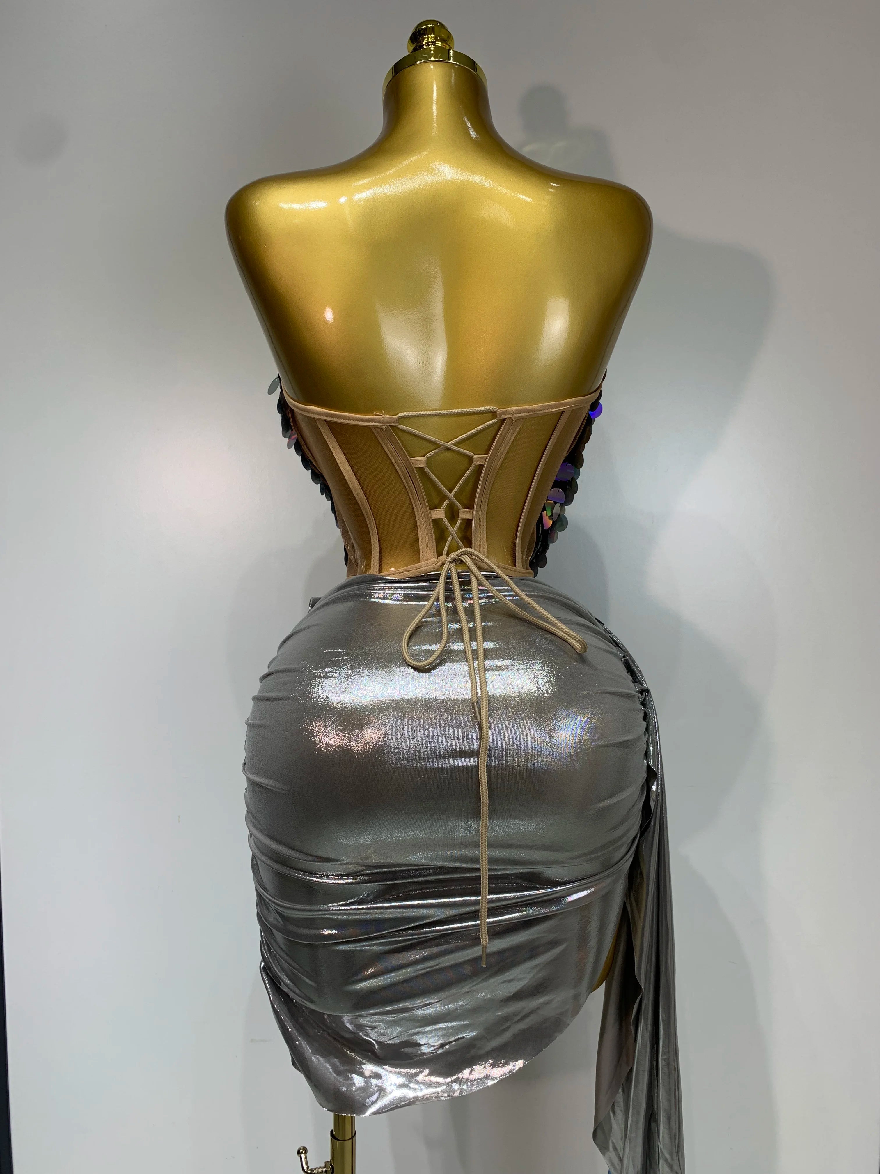 Women Sexy Strapless Sequin Glitter Two Pieces Set Celebirty Elegant Luxury Birthday Evening Party Nightclub Singer Stage Outfit