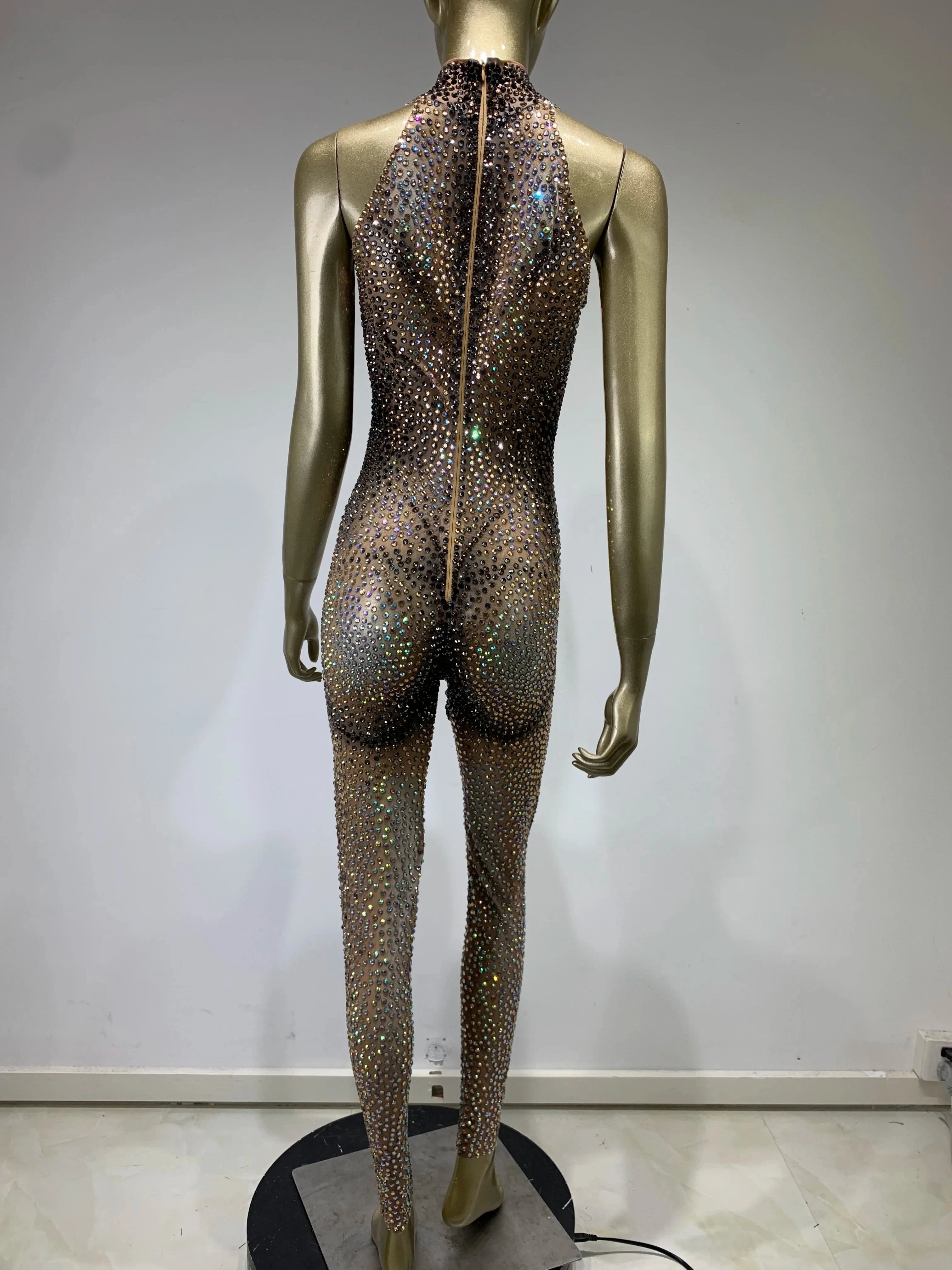 Stock Halloween Women Rhinestone Diamonds Sparkly Black Jumpsuit Birthday Party Costume Bar Nightclub Stage Performance Rompers