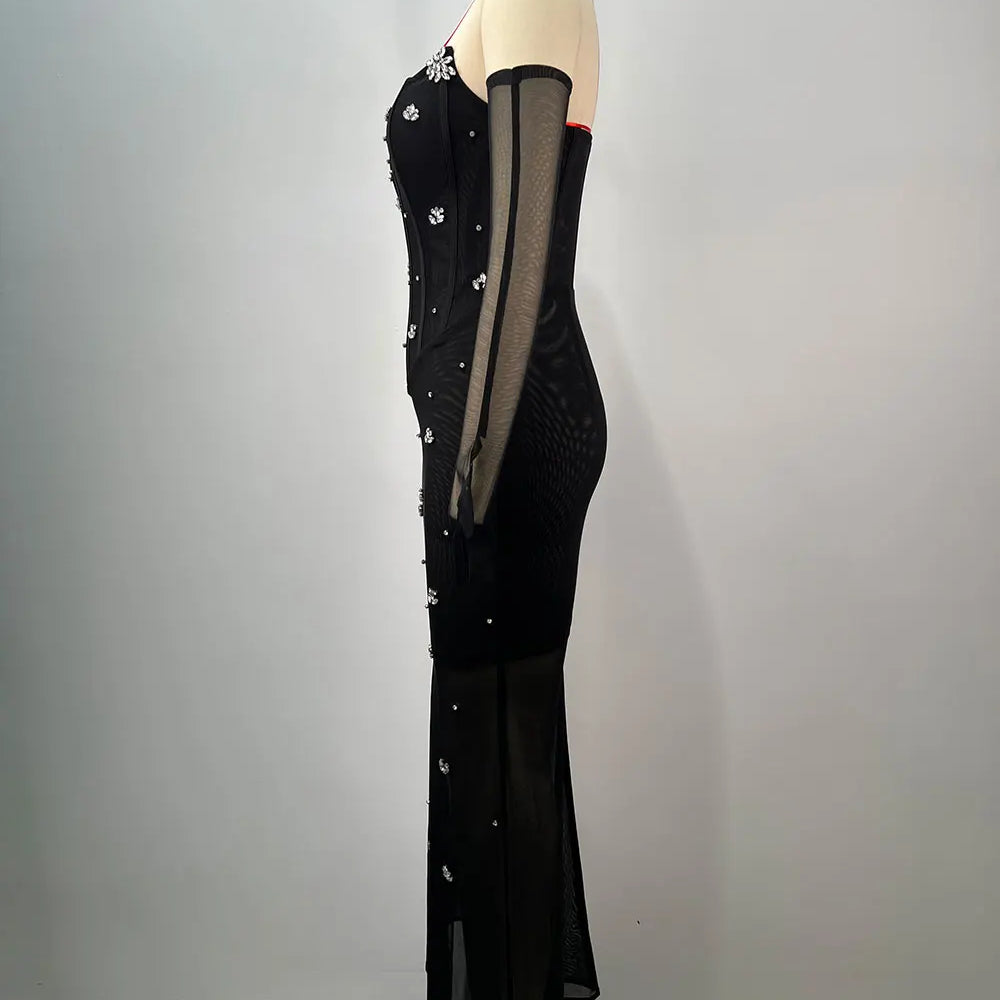 2025 Women'S Light Luxury Nail Bead Chiffon Dress Strapless Sleeveless Glove Design Bodycon Backless Black Long Dresses Vestidos