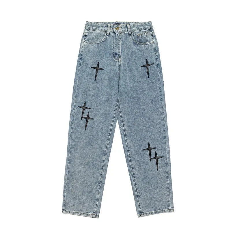 Prints Jeans Men New Streetwear Baggy Wide Leg Jeans Korean Fashion Drapes Straight Casual Loose Denim Cargo Pants Blue