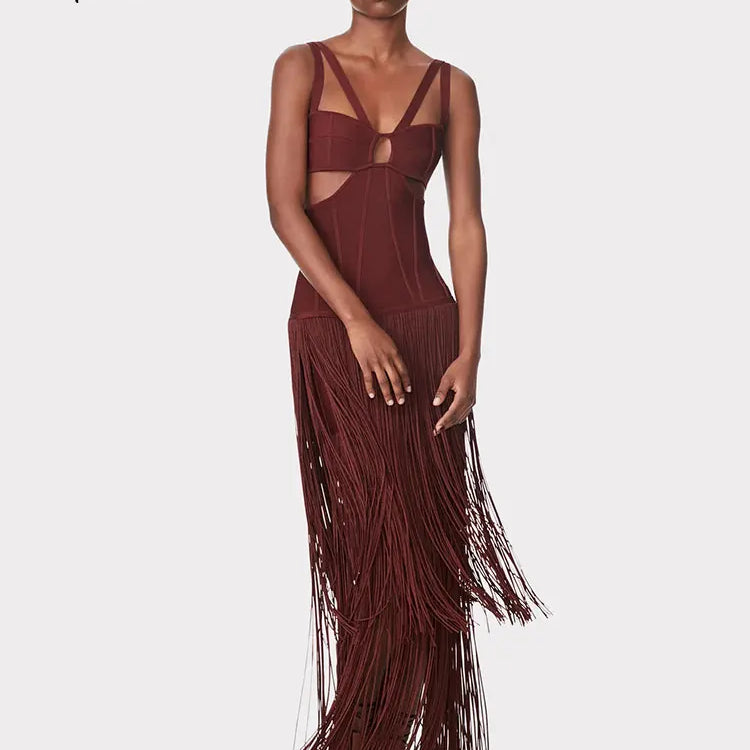 2024 Summer Sexy Tassel Bandage Dresses Women's Spaghetti Sleeveless Hollow Bodycon Long Dress Celebrity Evening Party Vesidos Brown