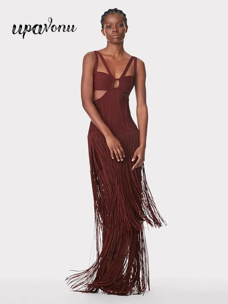 2024 Summer Sexy Tassel Bandage Dresses Women's Spaghetti Sleeveless Hollow Bodycon Long Dress Celebrity Evening Party Vesidos Brown