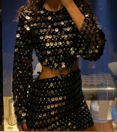 DEAT Fashion Trendy Women's Hollow Out Sequins Irregular Dress Spring New O-neck Long Sleeves Dresses Female 33A1208 Black