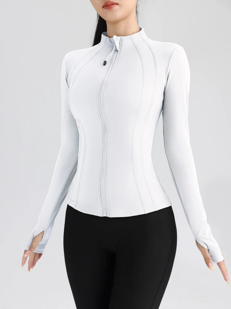 Gym Women's Full Zip Yoga Top With Thumbholes Fitness Running Jacket Stretch Fit Long Sleeve Round Neck Top Sportswear White