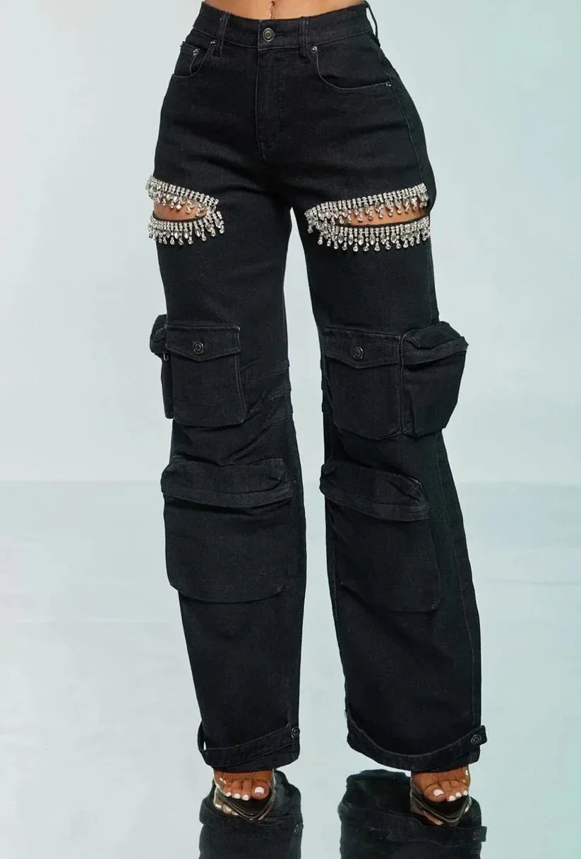 Women Cutout Diamonds Crystal Hollow Out Straight Denim Pants 2024 Fall Multi Pocket High Waist Wide Leg Jeans Trousers Black