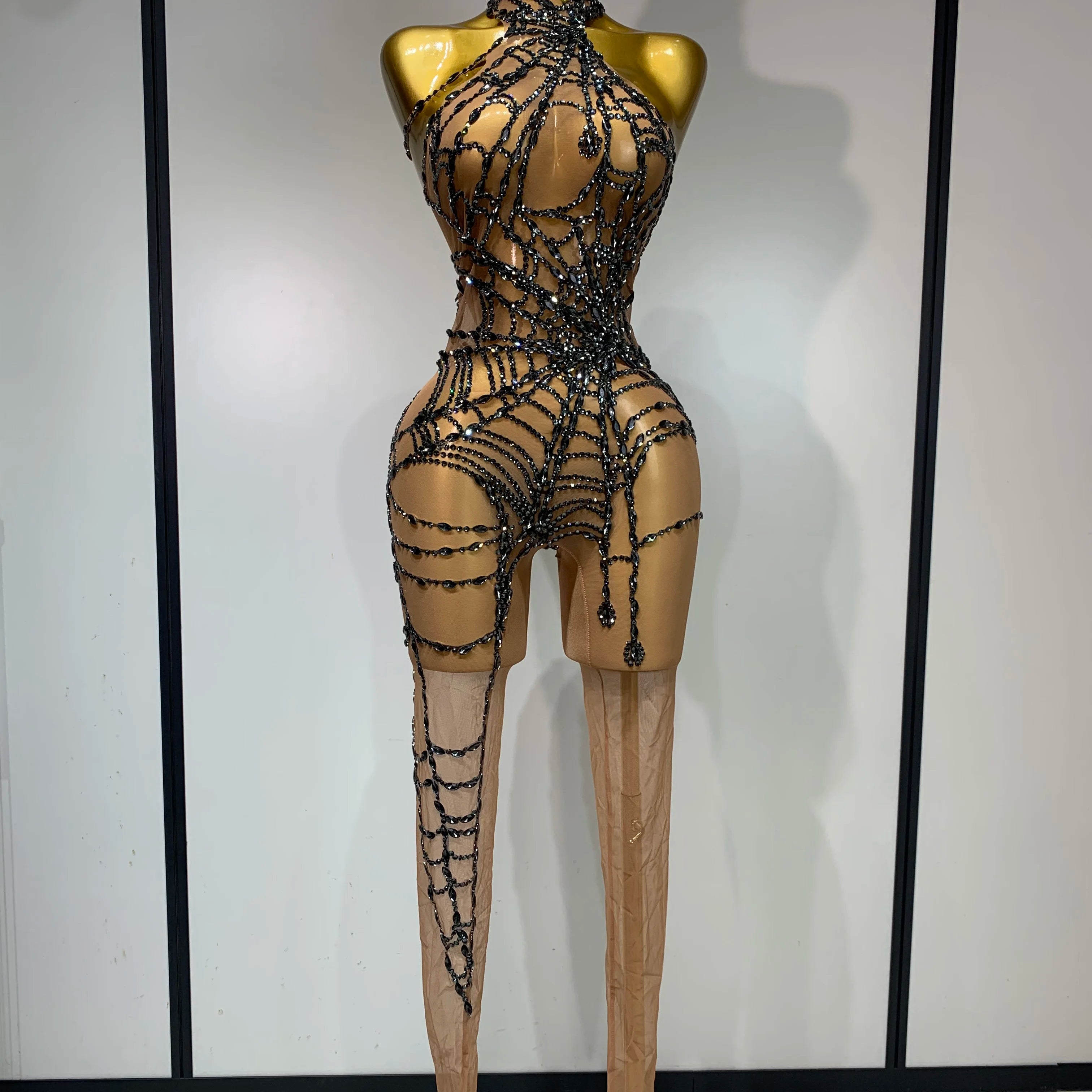 STOCK Sparkly Diamond Women Sexy Mesh Jumpsuit Nightclub Bar Party Show Gogo Dancer Clothing Drag Queen Outfit Stage Costume Khaki