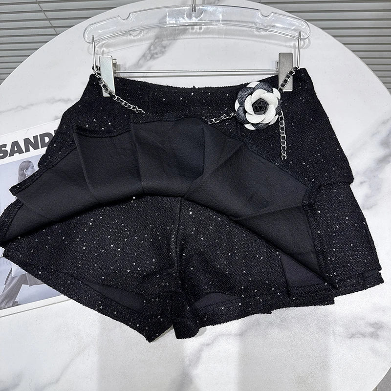 Winter New Fashion Waist Chain Tweed Pleated Skirt For Women Versatile Black Short Skirts Female Trend 11A07861