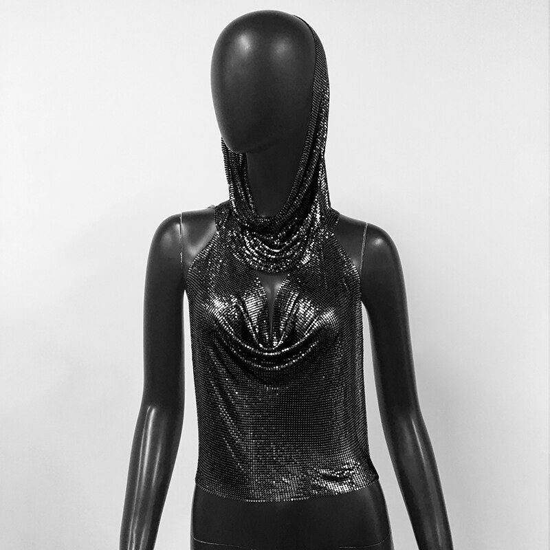 女性メタルスパンコールタンクトップとターバン 2 ピースセクシーな V ネック背中の開いたサスペンダートップレイブフェスティバルパーティーナイトクラブキャミソール