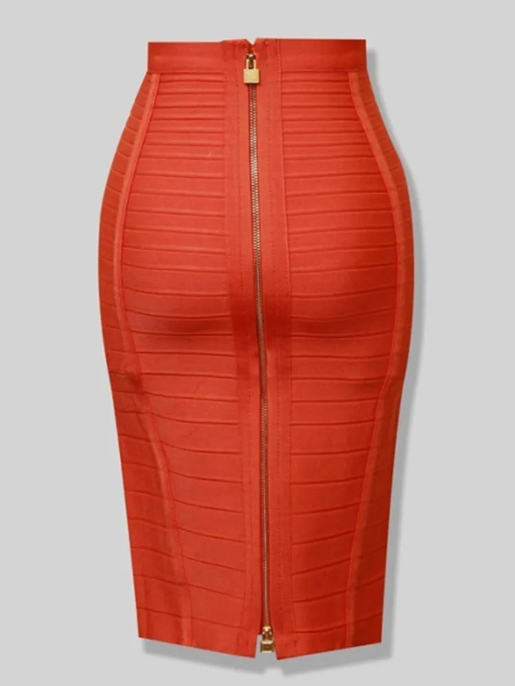 13 Colors Plus Size XL XXL 58cm Women Sexy Zipper Black Blue Orange Red Rayon Bandage Skirt Designer A Line Skirt Faldas Orange