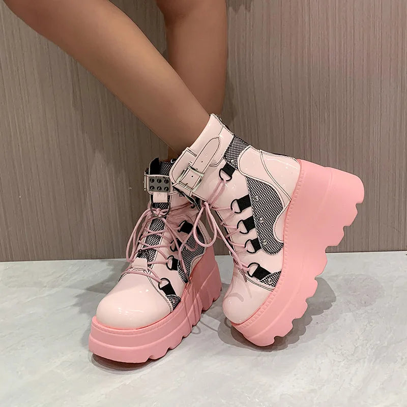 Women's Punk Style Thick-soled Wedge-heeled Knight Boots Large Size Cross-lace Thick-soled Mid-tube Women's Gothic Cowboy Boots light pink