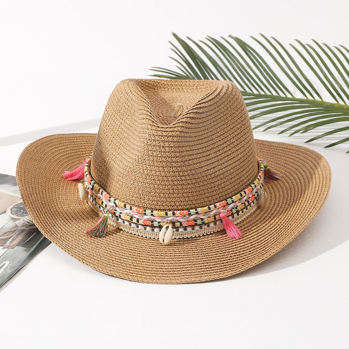 Wholesale Women Pink Tassel Cowboy Hat Floppy Beach Hats Summer Straw Hats Ladies UV Protection Hat Panama Sun Hat camel