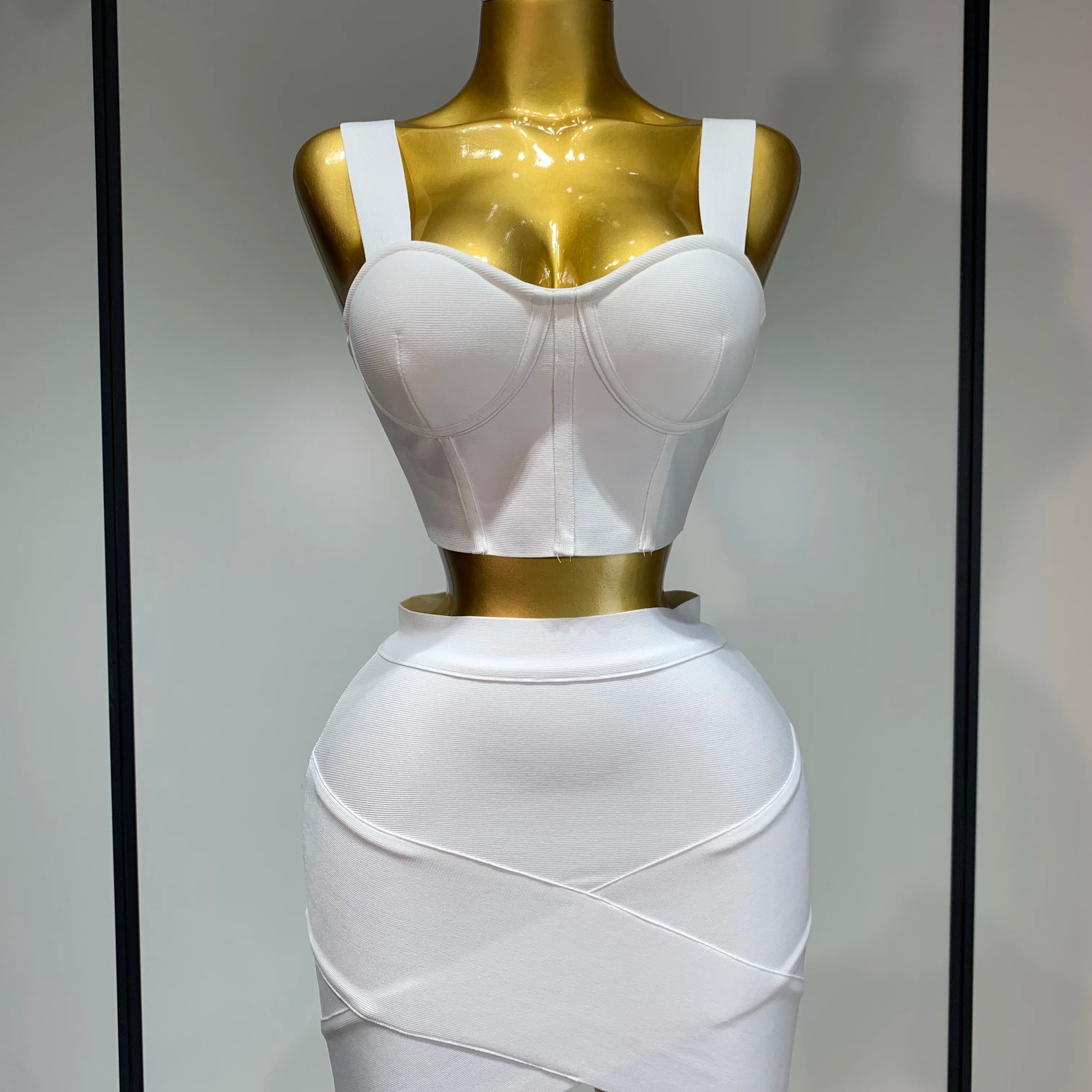 Women Sexy Top Short Skirt Bodycon Bandage Two Pieces Sets White Black 2025 Evening Party Luxury Birthday Outfit Nightclub Suits WHITE