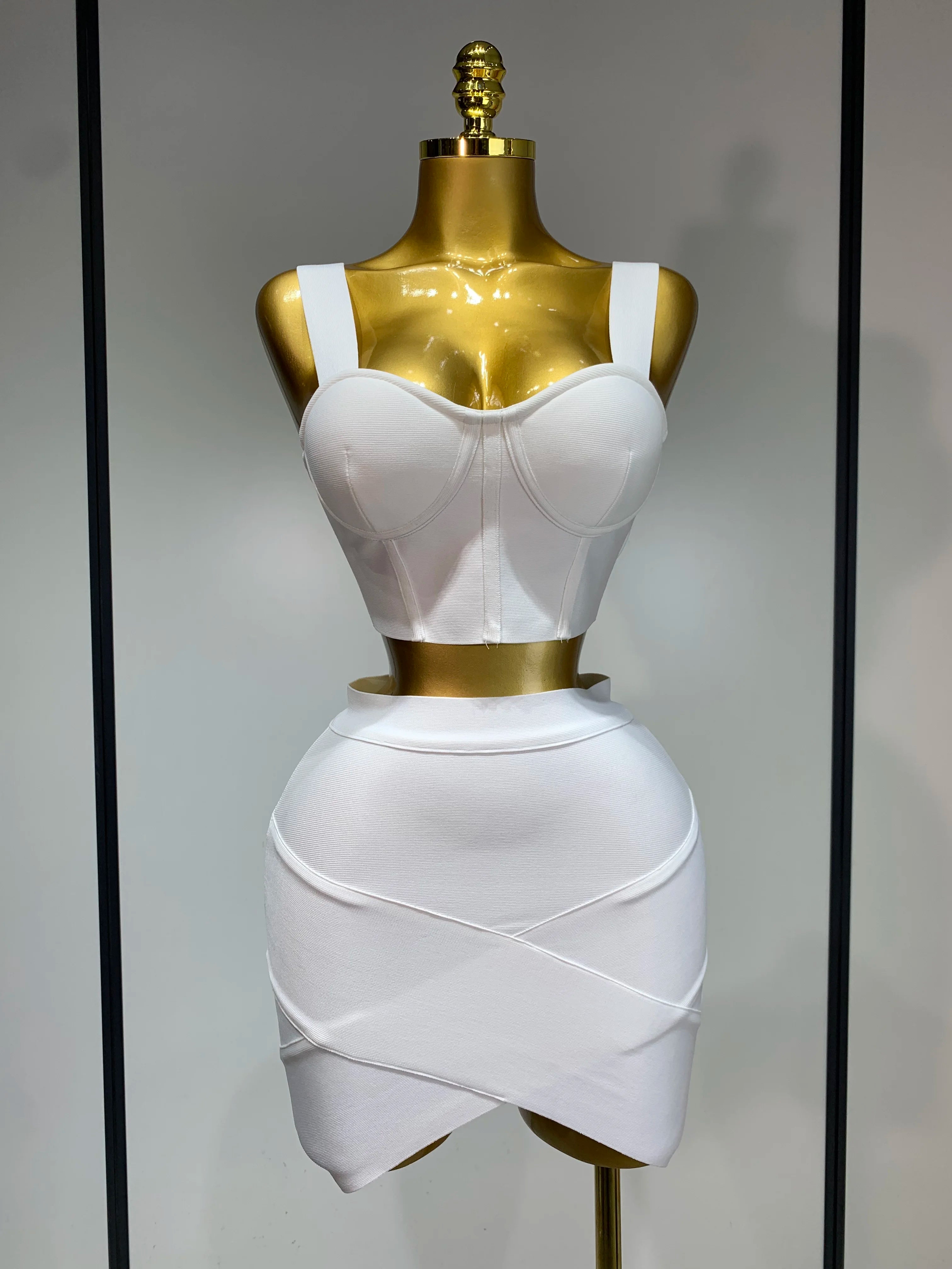 Women Sexy Top Short Skirt Bodycon Bandage Two Pieces Sets White Black 2025 Evening Party Luxury Birthday Outfit Nightclub Suits WHITE