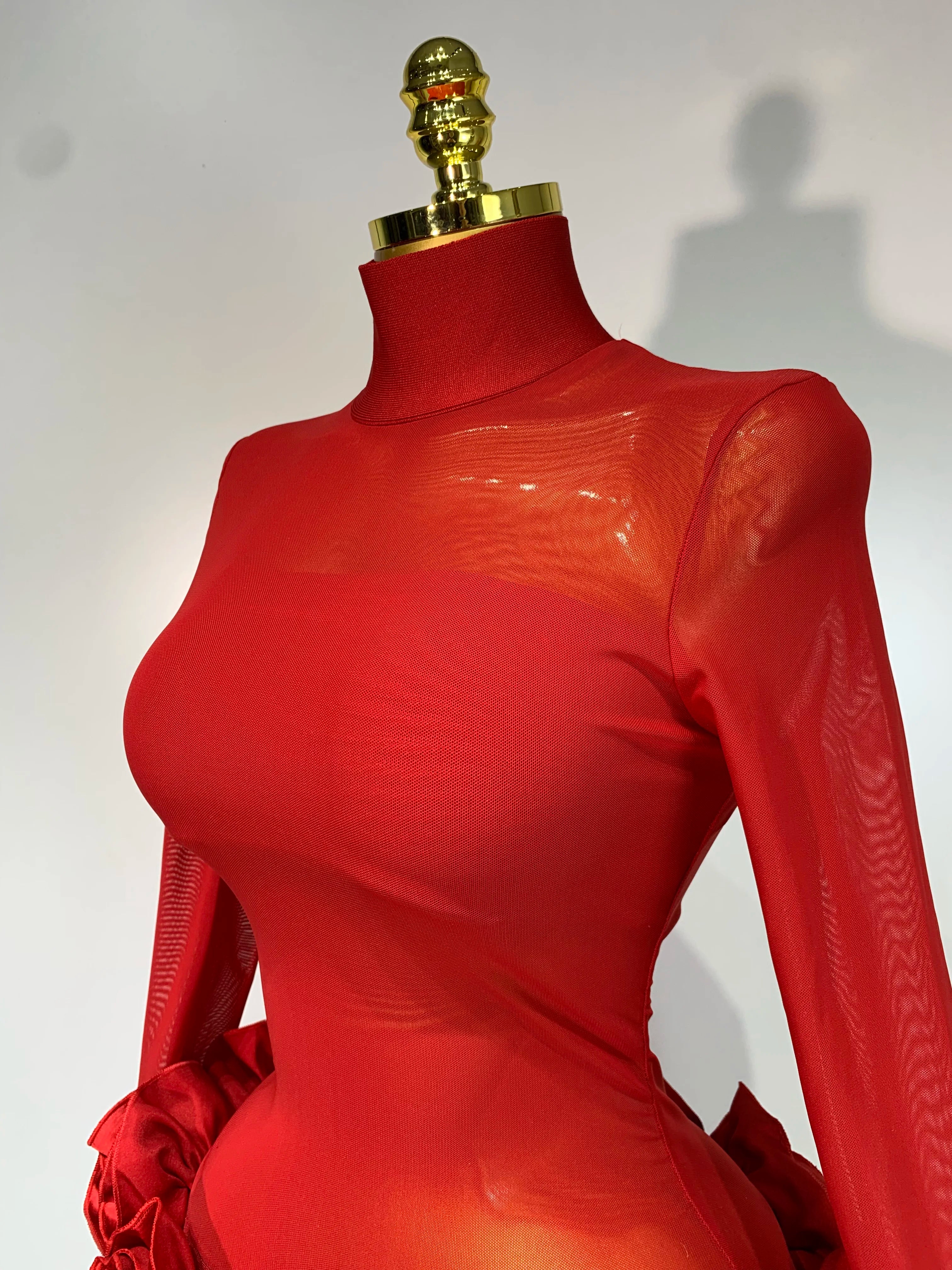 Women Sexy Mesh See through Stereoscopic Flowers Red Mini Bandage Dress Birthday Party Evening Dress Club Singer Perform Costume