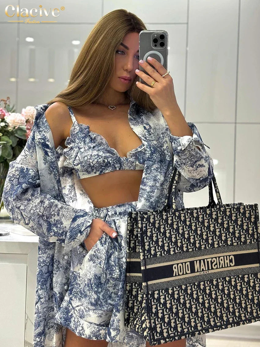 Clacive Fashion Loose Print 3 Piece Sets Women Outfit Elegant Long Sleeve Shirt + Bra With High Waist Shorts Set Streetwear