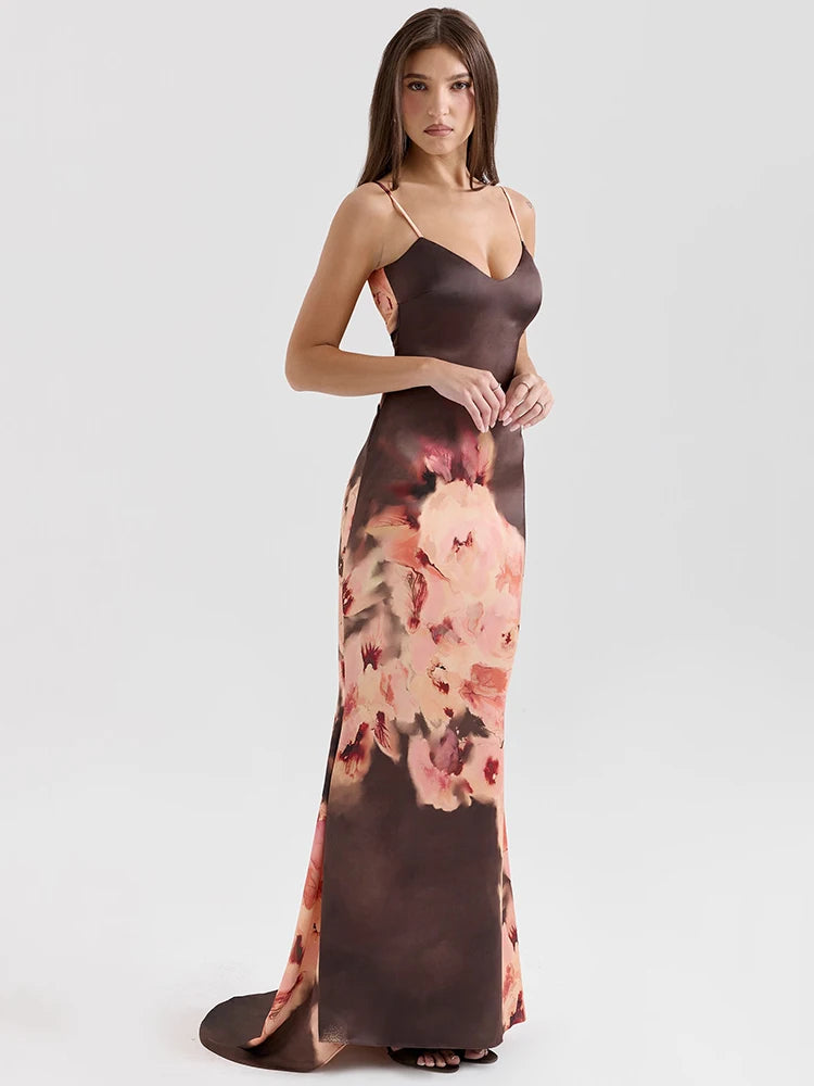 Mozision Satin Floral Print Sexy Maxi Dress Women Gown Elegant Spaghetti Strap Sleeveless Backless Bodycon Evening Club Dress