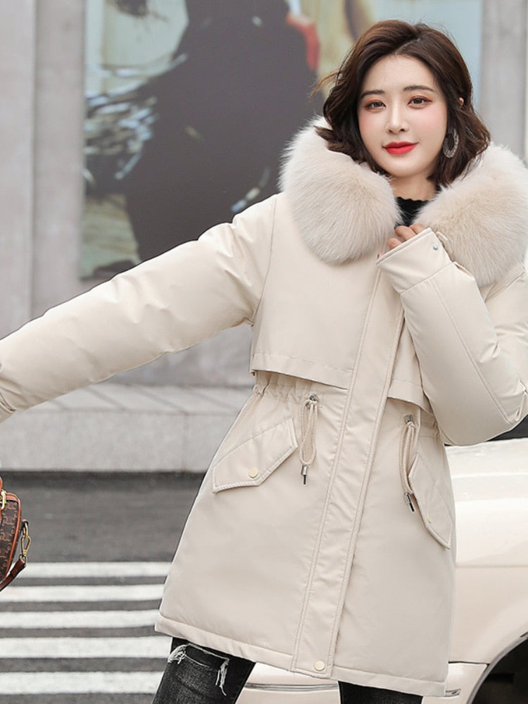 Parka à capuche pour femme, manteau Long, doublure en laine, nouvelle veste d'hiver Slim avec col en fourrure, vêtements chauds pour la neige, vêtements rembourrés, 2022