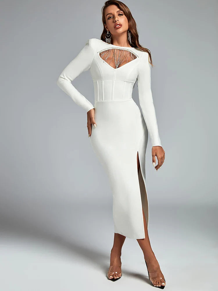 Crystal Long Bandage Dress Women Maxi Evening Party Dress Bodycon Elegant Sexy White Long Sleeve Christmas Birthday Outfit 2023