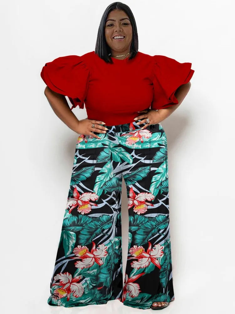Plus Size Summer 2 Two Piece Set Women Ruffle Pleated Fashion Slim Ladies Blouses Floral Print Loose Pleated Woman Wide Leg Pant