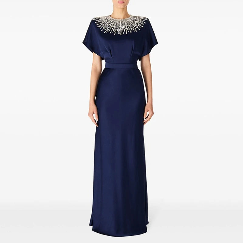 Solid Slimming Spliced Bead Luxurious Dresses for Women Round Neck Short Sleeves Tunic Elegant Dress Female Fashion