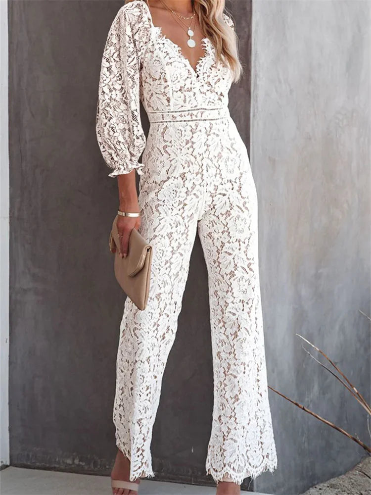 CHRONSTYLE Elegant Women Lace Wide Leg Pants Jumpsuits Solid Color Long Sleeve High Waist V Neck Floral Rompers Streetwear 2023 B