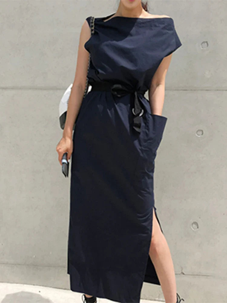 Asymmetrical Sashes Dress For Women Slash Neck Short Sleeve High Waist Casual Dresses Female Fashion New Clothing