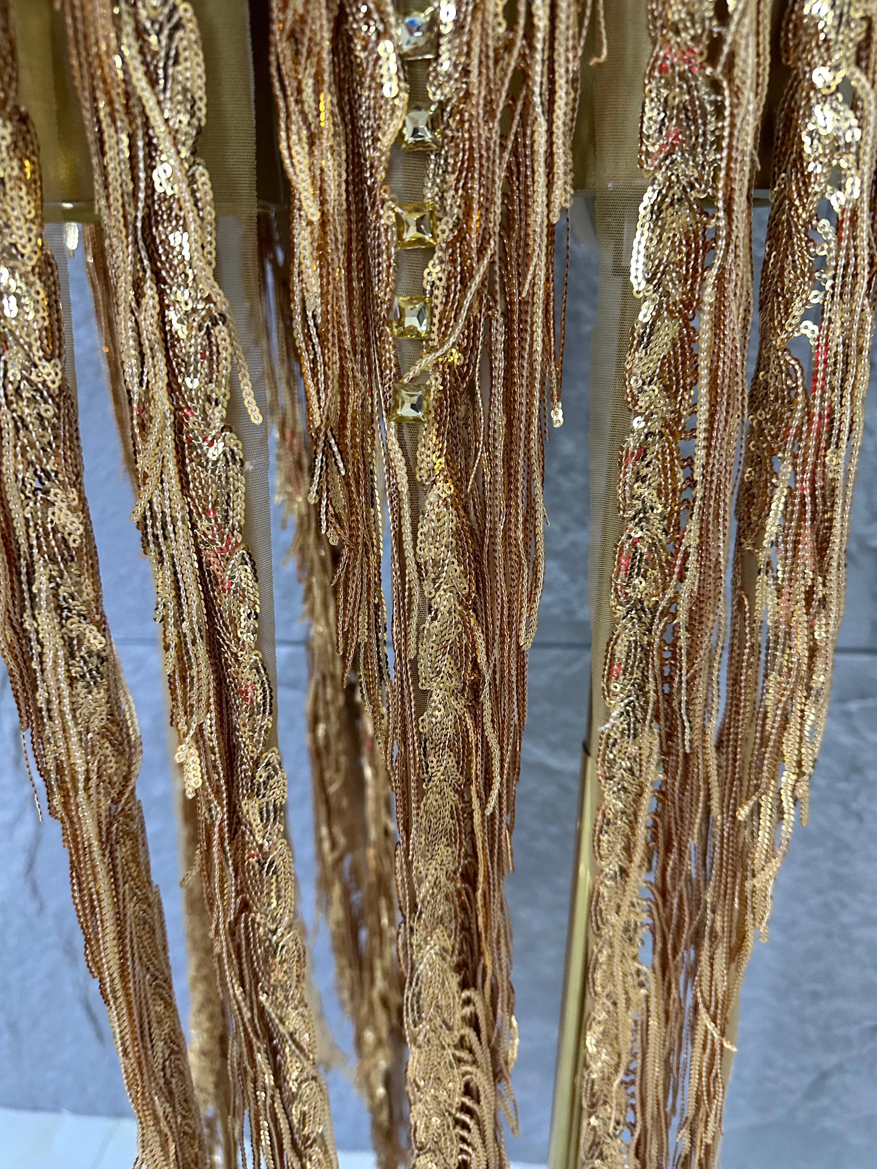 Opulent Gold Halter Neck Mini Dress Women Sexy Crystal Embellished Fringe Trim Form-Fitting Outfit Formal Event Party Costume
