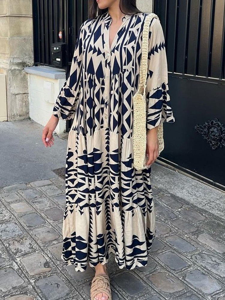 Women Print Shirt Maxi Dress Summer Vintage Boho Long Sleeve Pleated Dress Ladies Oversize Loose Buttons V Neck Dress Vestido Blue
