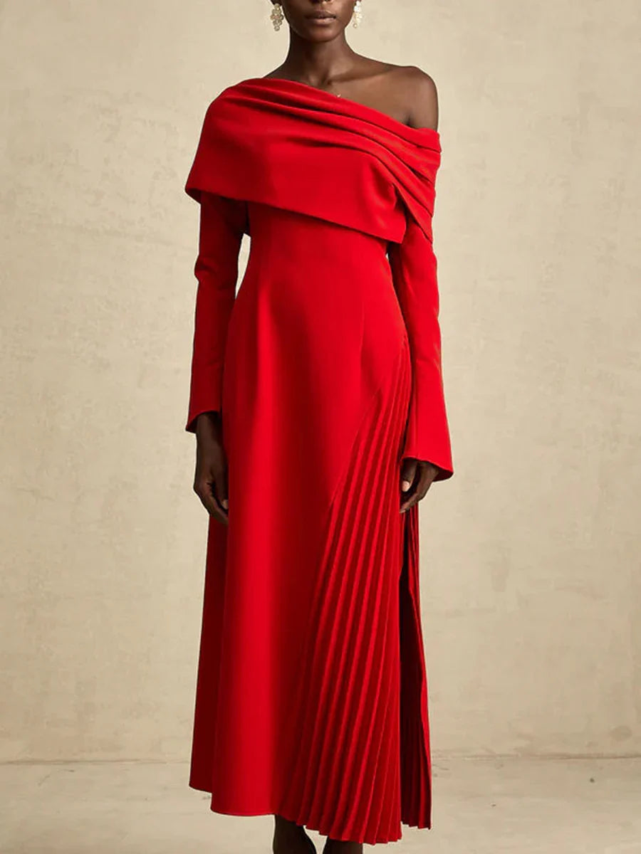 Solid Slimming Temperament Midi Dresses for Women Diagonal Neck Long Sleeves Minimalism Dress Female Clothing New RED