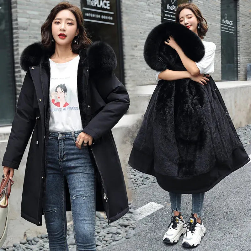 Winter Jacket Women Parka Clothes Long Coat Wool Liner Hooded Jacket Fur Collar Thick Warm Snow Wear Padded Parka black