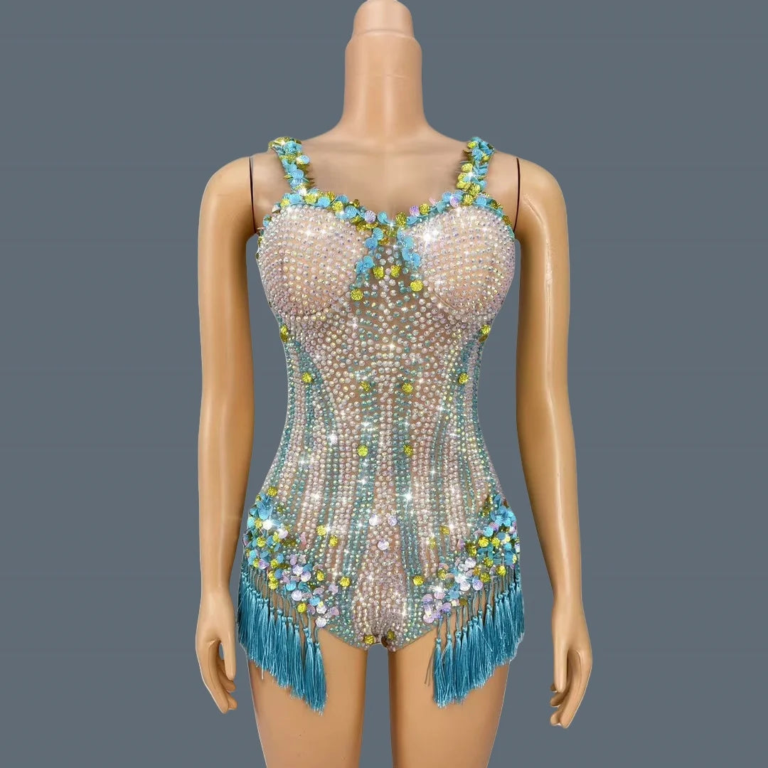 Sparkly Rhinestone Shell Tassel Bodysuit Club Dance Performance Leotard Women Nightclub Party Singer Stage Sexy Bodysuit Nanning as shown
