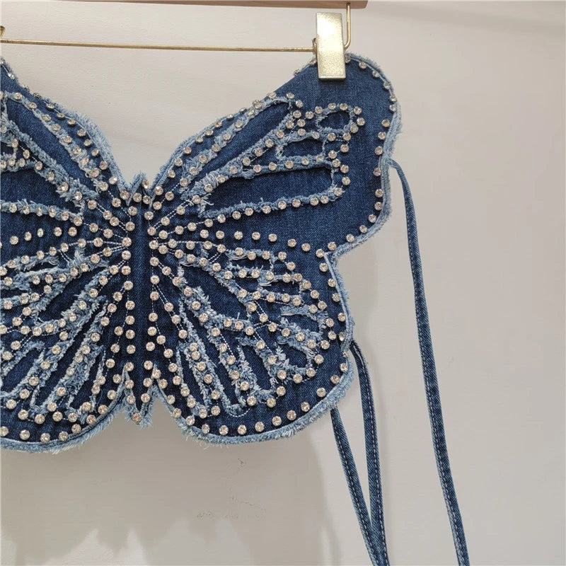 Spring Fashion New Halter Neck Strap Denim Vest For Women Backless Tie Rhinestone Butterfly Design Tank Top 11A07882