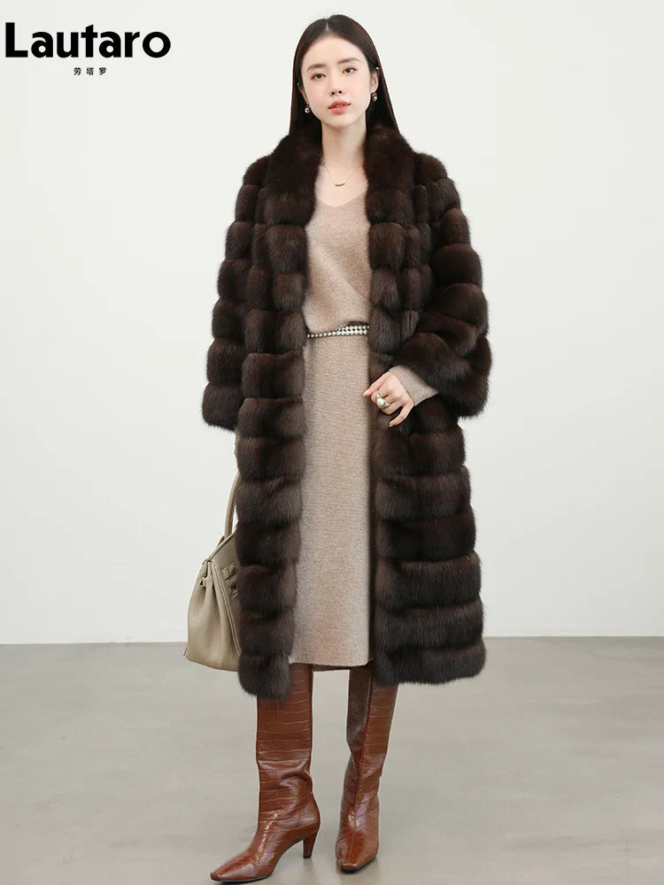Autumn Winter Elegant Luxury Chic Long Thick Warm Faux Sable Fur Coat Women Shawl Collar Fluffy Overcoat