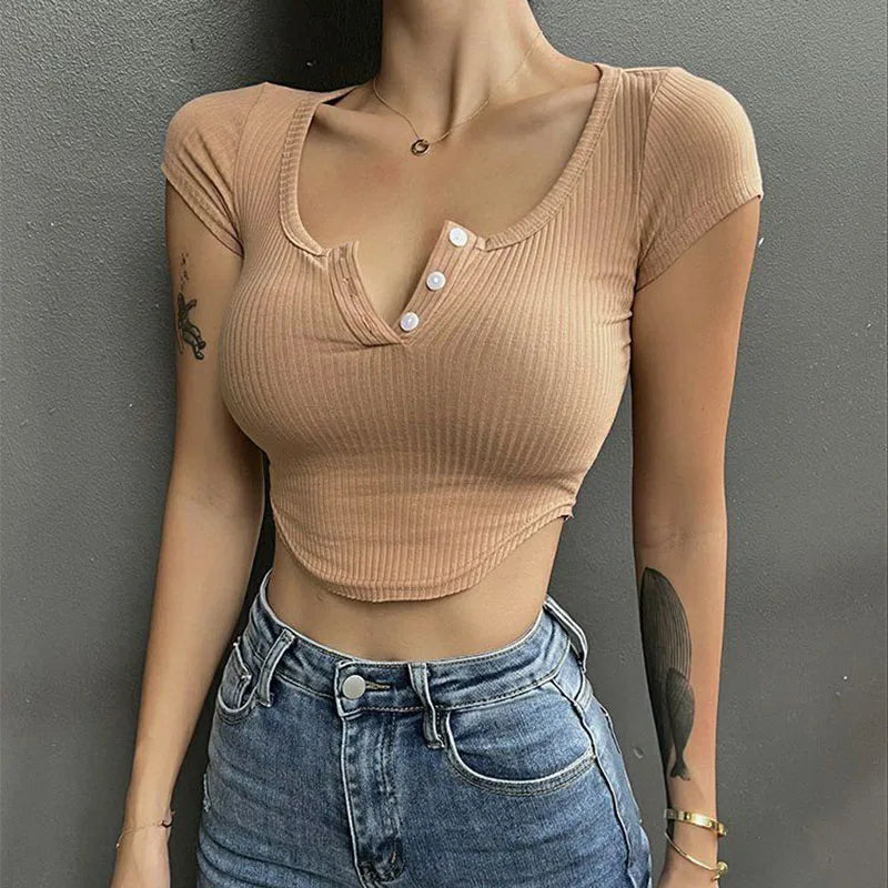Xpqbb High Street Y2K Cropped T-Shirt Women Sexy Skinny V-Neck Basic Crop Tops Female Summer Slim Fit White Short Sleeve Tees Brown