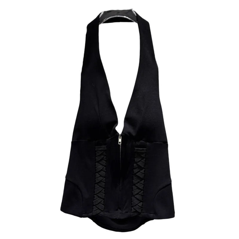 Winter New Fashion Drawstring Strap Design Backless Slim Chest Pad Halter Top For Women Solid Color Vest 11A07940