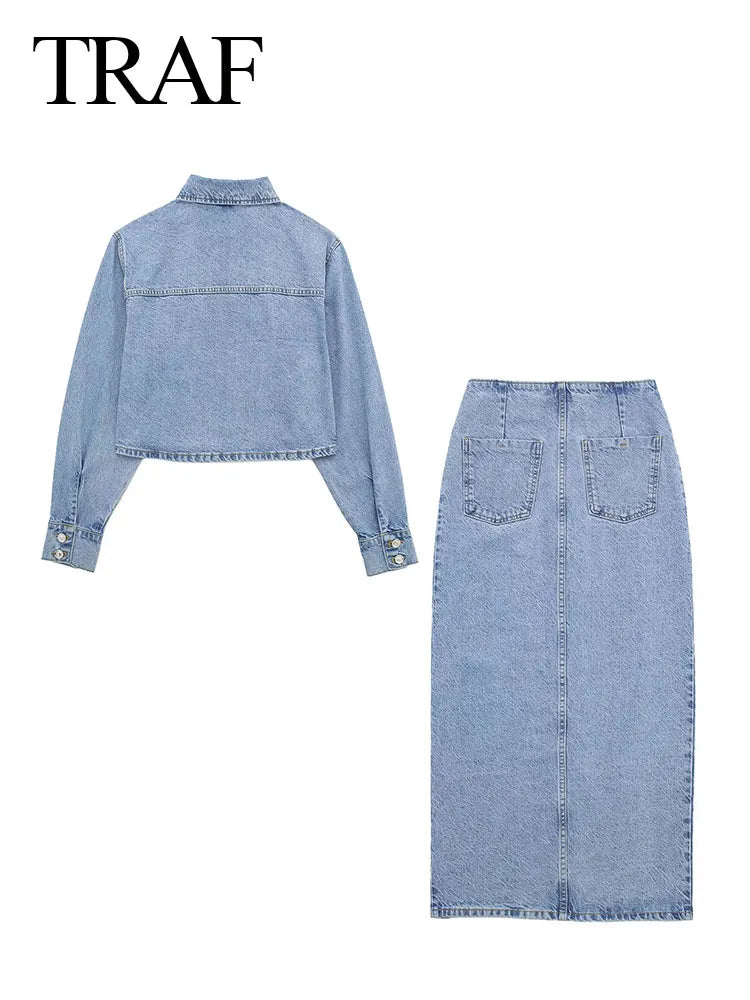 Women Retro Fashion Autumn Loose Long Sleeve Denim Jacket + High Waist Denim Midi Skirts Female 2 Pieces Set Ropa De Mujer