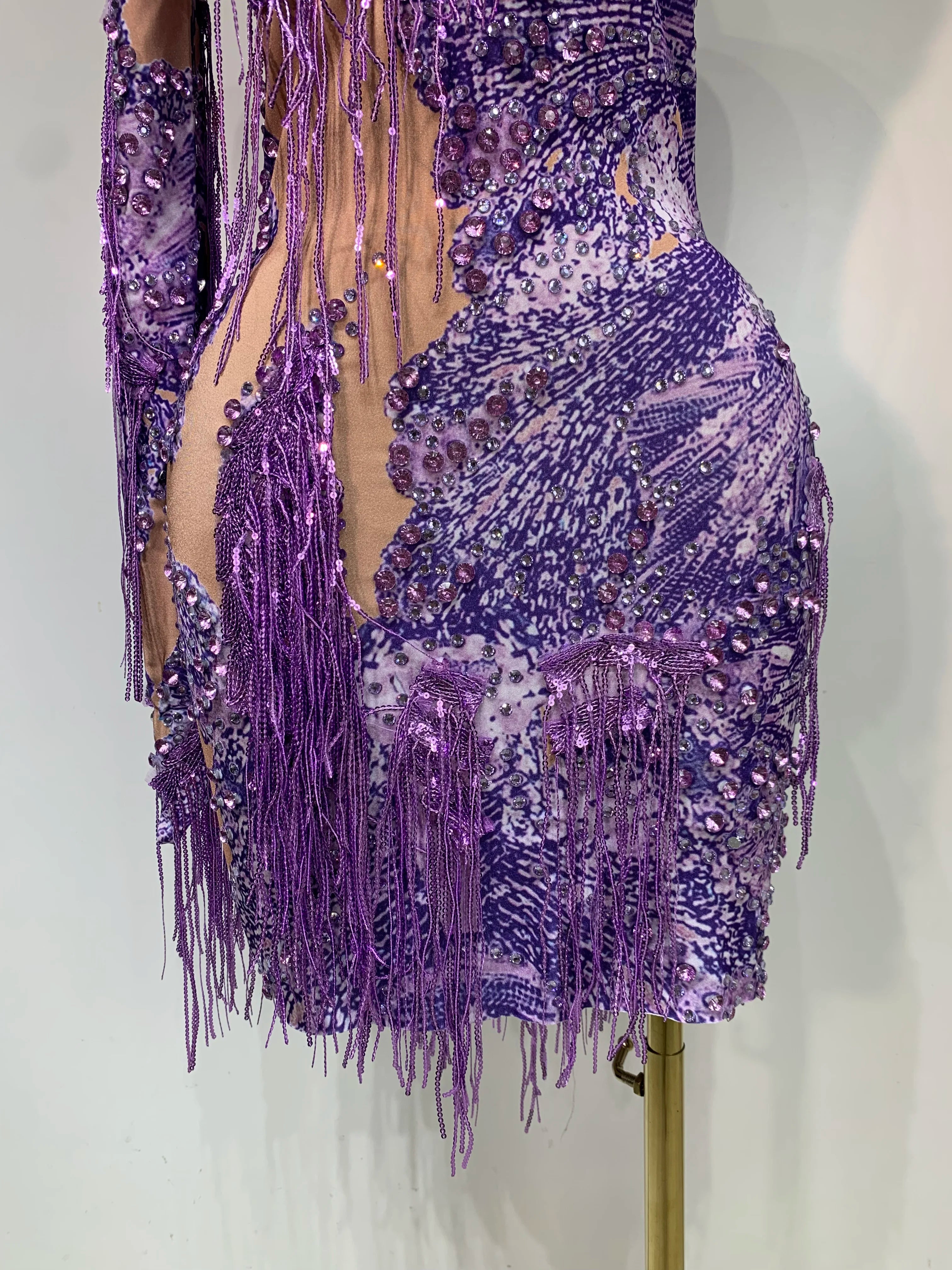 Sexy Sparkly Purple Rhinestones Tassel One Shoulder Sleeve Mini Dress Evening Party Birthday Nightclub Stage Performance Outfit