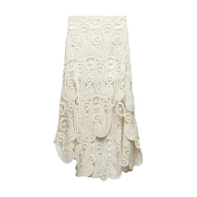 Crochet O Neck Hollow Out Skirt Set Women Chic Hook Flower Sleeveless Top Irregular Skirt Suit Spring Lady Elegant Outfit Skirt